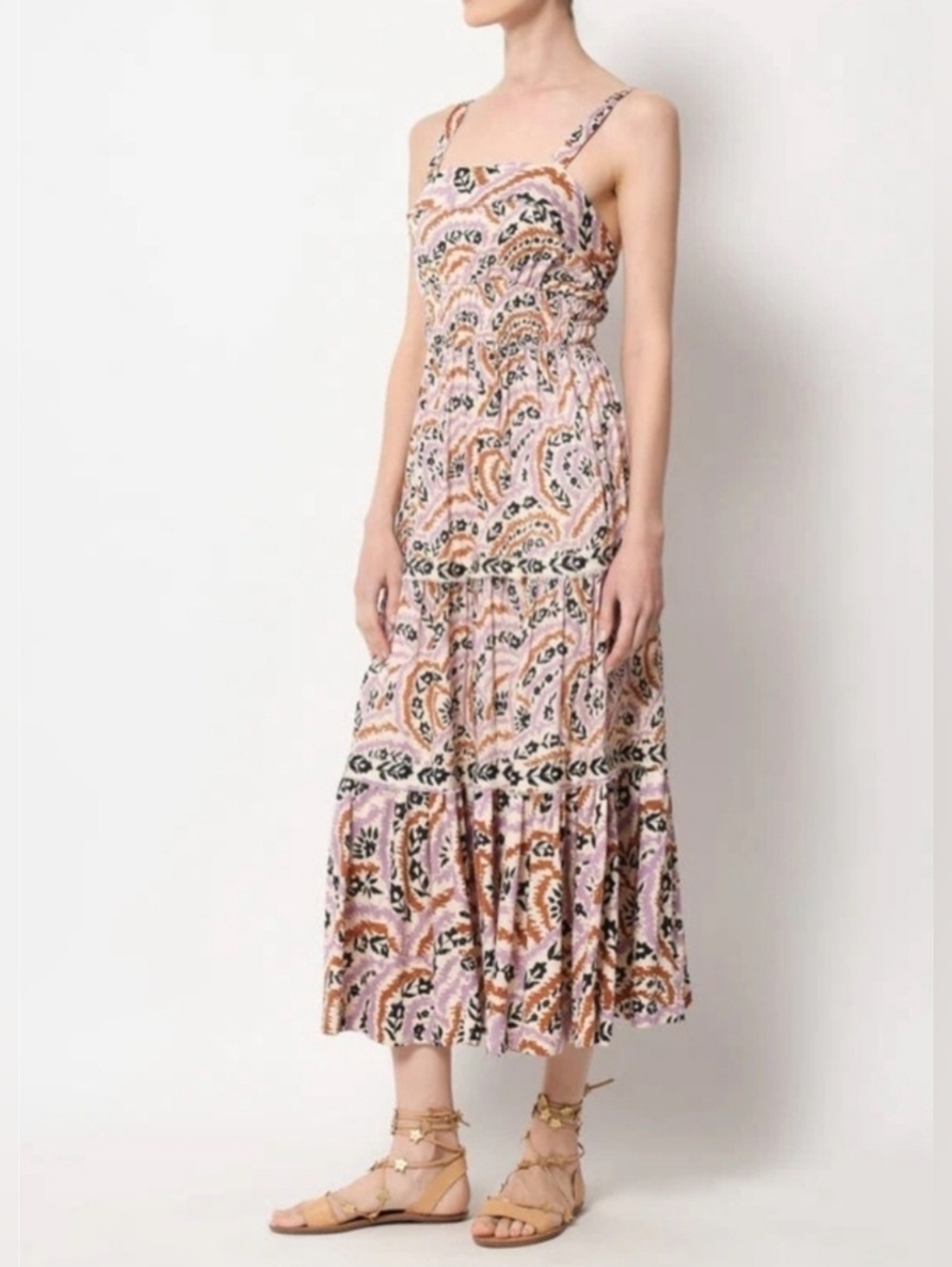 NWT Omika Monroe Midi Dress Lucia Lavender Floral Tie Back Pockets Size M Boho - Picture 3 of 15